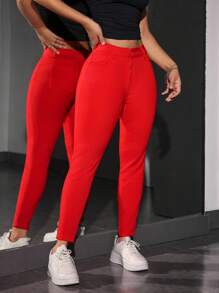 SHEIN PETITE Jeans ajustados de unicolor casual - Rojo - Ver 4