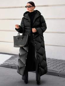 CLARA VERO Women's Solid Color Long Sleeve Single-Breasted Long Casual Hooded Winter Jacket