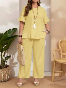 EMERY ROSE Conjunto de 2 piezas de talla grande de lino estilo campestre: camisa blanca y pantalones, ropa de moda minimalista, conjuntos de primavera y verano para mujer