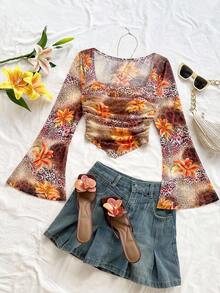 Soleia Áo crop top nữ cổ vuông tay loe họa tiết hoa báo nâu, viền bất đối xứng, thích hợp mặc trong các dịp lễ, hẹn hò, trà chiều, kỳ nghỉ trên đảo, du ngoạn trên biển, nghỉ dưỡng thành phố, lễ hội âm nhạc, kỳ nghỉ Boho, có thể mặc trong nhà hoặc ngoài trời, trang phục thường ngày - màu nâu - Xem 1