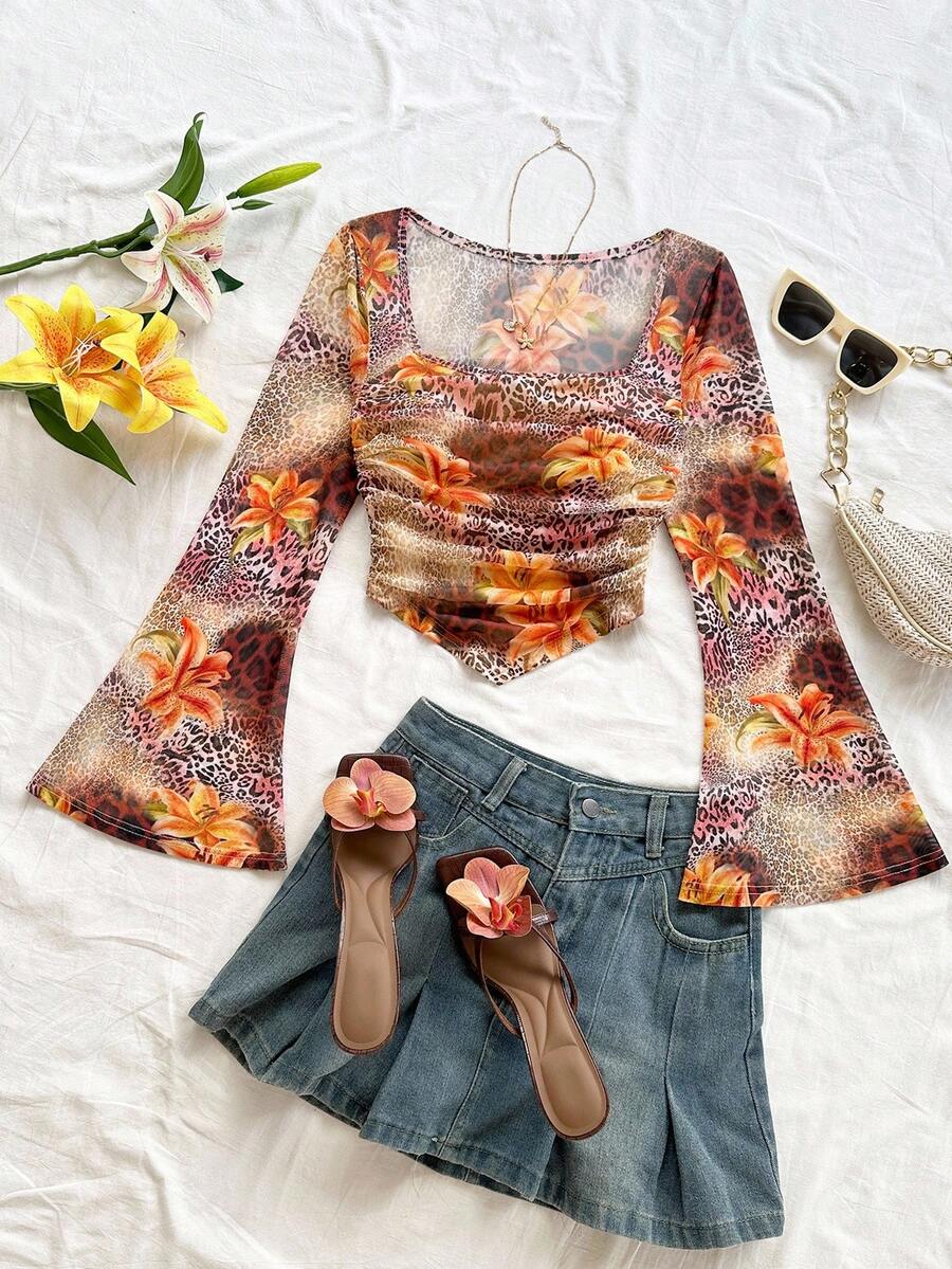 Soleia Áo crop top nữ cổ vuông tay loe họa tiết hoa báo nâu, viền bất đối xứng, thích hợp mặc trong các dịp lễ, hẹn hò, trà chiều, kỳ nghỉ trên đảo, du ngoạn trên biển, nghỉ dưỡng thành phố, lễ hội âm nhạc, kỳ nghỉ Boho, có thể mặc trong nhà hoặc ngoài trời, trang phục thường ngày - màu nâu - Xem 1