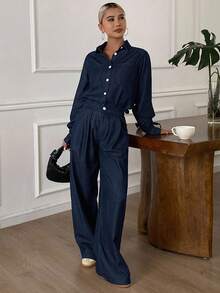 DAZY 女式宽松翻领长袖牛仔衬衫和宽松休闲裤两件套，休闲男女通用牛仔装 - 深色水洗藍 - 查看 6