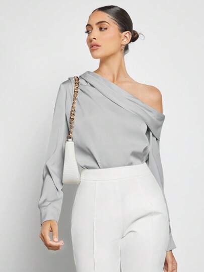 BizChic 春夏新款不对称设计褶皱肩部宽松长袖缎面衬衫，现代优雅都市通勤日常浪漫90年代复古风圣诞节新年情人节派对海滩毕业时尚嘉年华假日百搭简约浪漫风，适合婚礼宾客、主人、约会、派对、音乐会、早午餐、机场等多种场合。