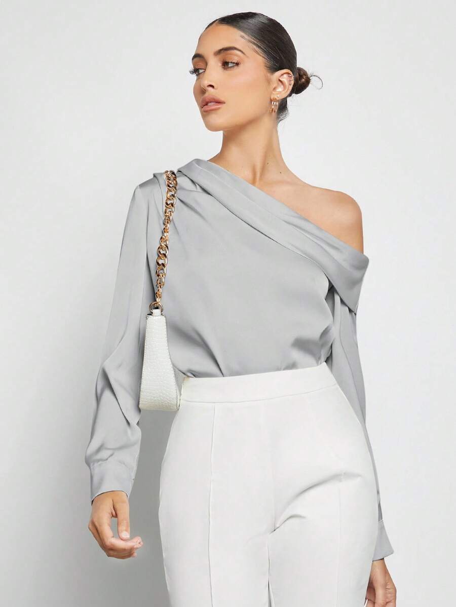 BizChic 春夏新款不对称设计褶皱肩部宽松长袖缎面衬衫，现代优雅都市通勤日常浪漫90年代复古风圣诞节新年情人节派对海滩毕业时尚嘉年华假日百搭简约浪漫风，适合婚礼宾客、主人、约会、派对、音乐会、早午餐、机场等多种场合。 - 灰色 - 查看 1