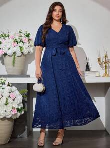 Modelyn Plus Size Women V-Neck Puff Sleeve Tie Waist Flared Elegant Dress - Navy Blue - View 4
