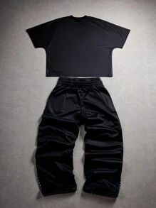 Manfinity EMRG Crew Neck Batwing Sleeve Cropped T-Shirt + Double-Headed Waist Sweatpants - A0094-XP , Men Street Wear Sets , Graphic Print Matching Set , Men Rave Outfit , Men Y2k Clothes , Men Graphic Print Set - Black - View 5