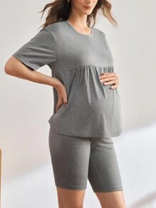 Moonlight&Mama Conjunto de pijama de maternidad de unicolor con manga corta y pantalón corto - Gris Claro - Ver 2