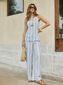 ATUI Studio Blusa de rayas azules de lino estilo bohemio para mujer, ideal para vacaciones, tiempo libre y uso casual en la oficina o como invitada de boda