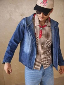 Manfinity Homme Áo khoác denim Niche Heavyweight xếp ly giặt có mũ trùm đầu, áo khoác ngoài thường ngày cỡ lớn dành cho nam - Màu xanh lam - Xem 3