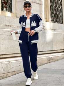 SHEIN Tall 100% Cotton Letter Graphic Drop Shoulder Bomber Jacket & Drawstring Waist Sweatpants - Navy Blue - View 5