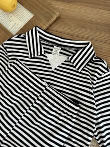 SHEIN 2 件套男婴幼儿新生儿 0-3 岁休闲日常穿着 Polo 领运动衫 + 裤子套装，条纹服装 - 黑與白 - 查看 3