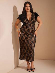 SHEIN BAE 大码女式优雅蕾丝 V 领连衣裙，长款，合身，修饰手臂，适合日常、外出、约会、下午茶、度假、春夏季、返校季女士连衣裙优雅女士正装、女士生日连衣裙 - 黑色 - 查看 6