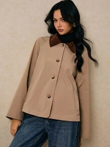 Poéselle 女士撞色领夹克 - 拼色拉链休闲外套，撞色领夹克，拼色外套，女士拉链夹克，春季休闲夹克，秋冬女士极简夹克 - 駝色 - 查看 4