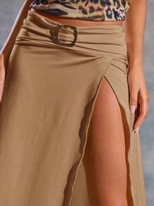 MUSERA 不对称下摆，修身腰部饰有搭扣的半身裙，适合夏季伊比沙岛、Y2K 风格，酷女孩节日、锐舞派对、度假俱乐部、可爱时尚、优雅假日和复活节等场合穿着。 - 杏色 - 查看 5