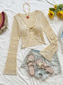 Soleia 女式杏色波西米亚开衫，适合节日、约会、下午茶、休闲、海滩、游轮、公路旅行、婚礼季、音乐节、波西米亚度假奶油色钩针上衣钩针开衫钩针系带上衣女式钩针服装秋冬田园风上衣 - 杏色 - 查看 1