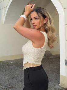 Jeta Ari Áo hai lớp ren màu kem dành cho nữ, tối giản và thời trang, phù hợp cho mùa hè - Màu be - Xem 6