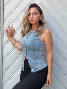 Jeta Ari 女士休闲水洗纽扣前无袖牛仔衬衫 - 中等水洗藍 - 查看 5