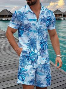 Manfinity RSRT Bộ áo sơ mi ngắn tay và quần short họa tiết lá chuối thường ngày dành cho nam, trang phục thoải mái khi đi nghỉ - Màu xanh lam - Xem 3
