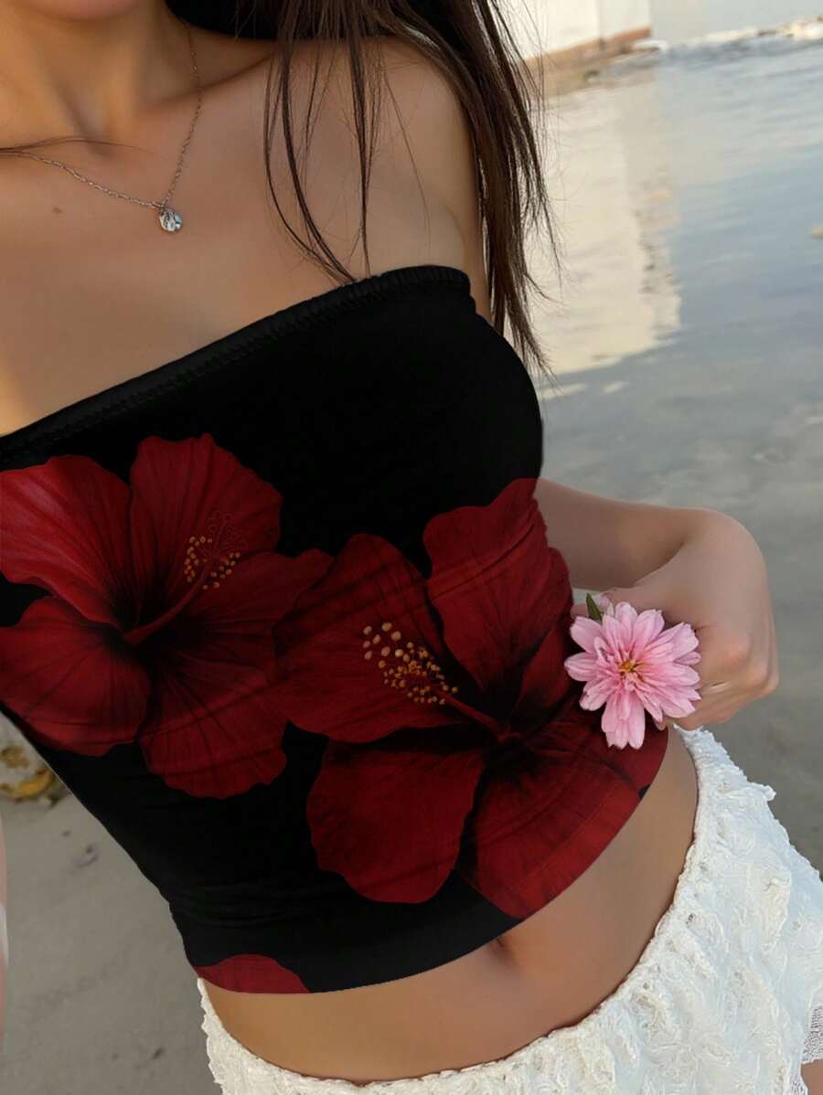 Aloruh 女士休闲度假抹胸短款上衣，红色花卉印花，适合度假、海滩 - 彩色 - 查看 1