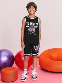SHEIN Tween Boy Loose Casual Minimalist Comfortable Round Neck Sleeveless Contrast Trim Tank Top And Shorts Set ,Back To School Season, Christmas - Black - View 3