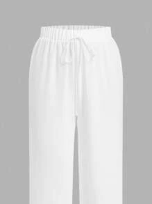 SHEIN Essnce 女士休闲宽松亚麻七分阔腿裤，适合外出穿着，秋季和冬季皆宜，女士运动服 - 彩色 - 查看 5