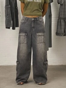 COUREZ 灰色水洗低腰工装牛仔裤/Y2K低腰牛仔裤外出穿搭街头风棉质复古秋季女装秋季服装 - 灰色 - 查看 3