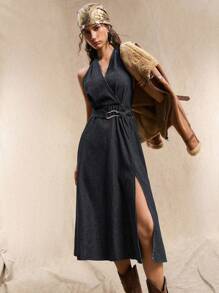 Easelle 女式复古休闲挂脖系带侧开衩牛仔连衣裙 - 藍色 - 查看 1