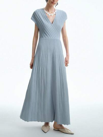 Aalyst Vestido envolvente de línea A suave y cómodo, de manga corta color azul niebla, estilo francés, con vibra vintage y para ir al trabajo, vestido de punto de lana para otoño/invierno