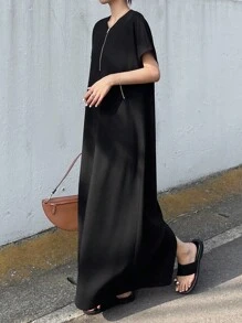 FRIFUL Đầm nữ tay ngắn màu trơn đơn giản khóa kéo kim loại mùa hè, đi nghỉ và tốt nghiệp - màu đen - Xem 6