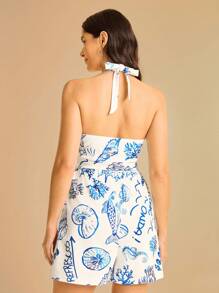 CAJUNI Women's Tropical Casual Vacation Beach Blue Ocean Element Print Sleeveless Halter Tie Crop Top And Shorts Jumpsuit