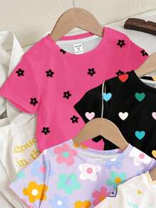 SHEIN 4 件套女婴休闲简约圆领短袖 T 恤，适合春夏季