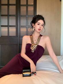 DAZY Đầm midi không tay cổ chữ V đính sequin cho nữ, đầm cưới nữ, đầm hè nữ, đầm chống nắng. - Màu tím - Xem 6