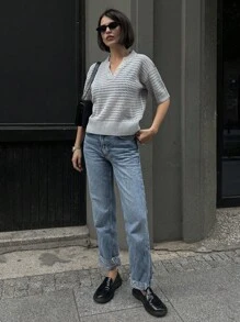 DAZY 女士休闲通勤纯色镂空针织缺口领半扣开衫 - 藍色 - 查看 2