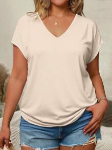 EMERY ROSE Apricot V-Neck Short Sleeve Pleated Casual T-Shirt For Plus Size Women - Multicolor - View 3