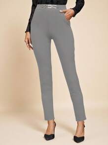 Amorya 女式高腰金属扣细节紧身裤 - 灰色 - 查看 5