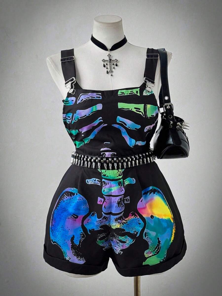 Flirla Women's Colorful Skeleton Punk Style Sleeveless Overalls, Rave Outfit