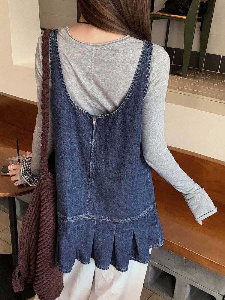 Women's Sleeveless Loose Casual Denim Blouse With Pleated Hem
