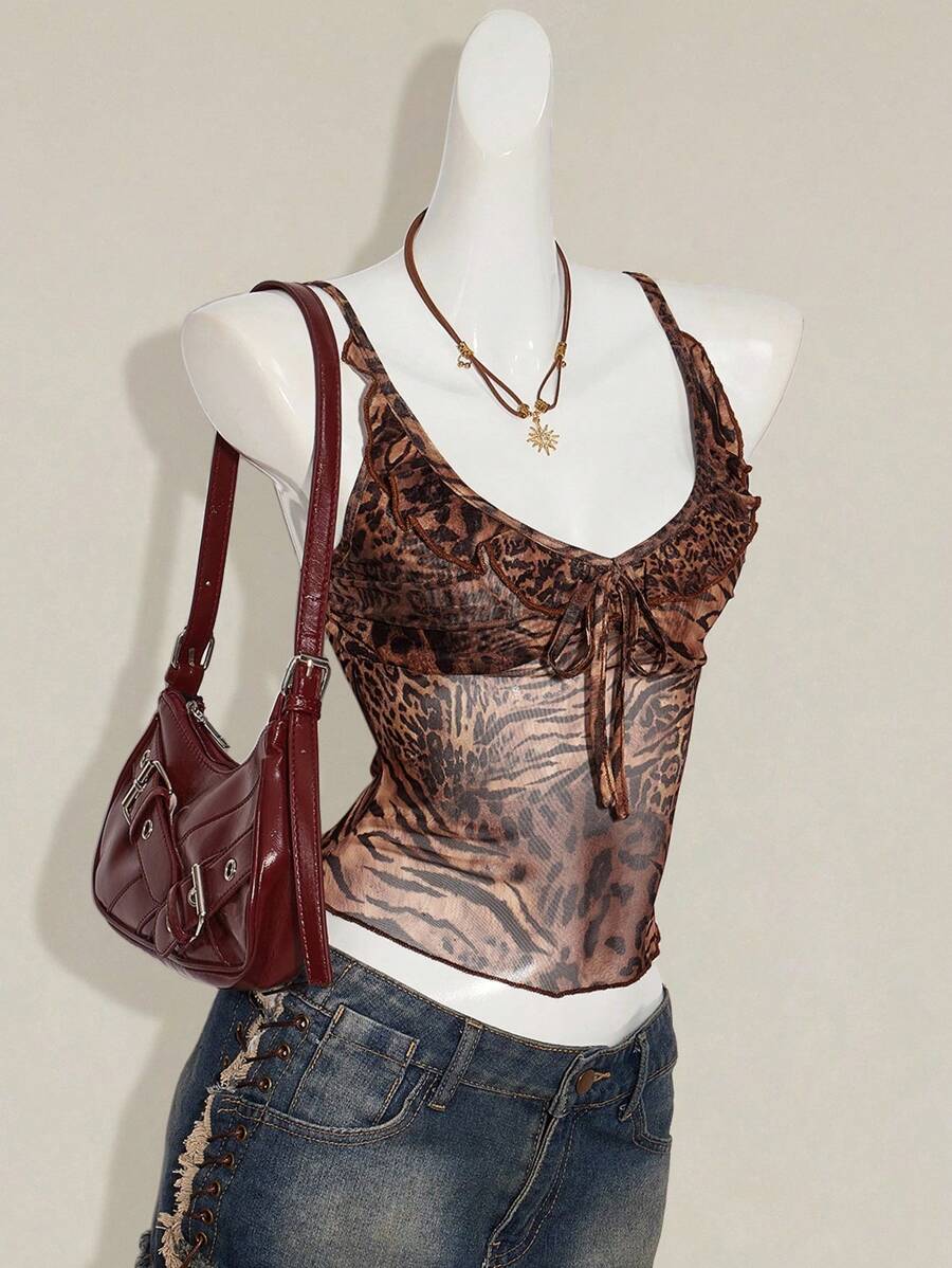 SHEIN ICON 女士豹纹蕾丝边 V 领吊带背心，性感 Y2K 风格 - 彩色 - 查看 1