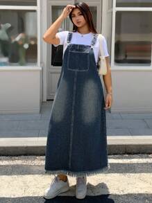 Dazy Plus Dark Wash Distressed Denim Pinafore Maxi A-Line Dress, All Season