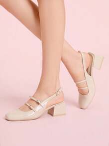 CUCCOO DOLLMOD Décolleté con fibbia in vernice color albicocca, punta quadrata, stile fashion senza tallone, tacco largo, stile romantico da scuola, adatto per primavera/autunno - Albicocca - Visualizzare 5