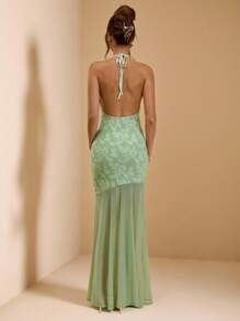 SHEIN BAE Đầm hở lưng lưới đan họa tiết màu xanh lá cây cho nữ, Đầm gợi cảm, Đầm ngày lễ, Thích hợp cho tiệc tùng, những dịp trang trọng vào mùa xuân/hè - màu xanh lá - Xem 2