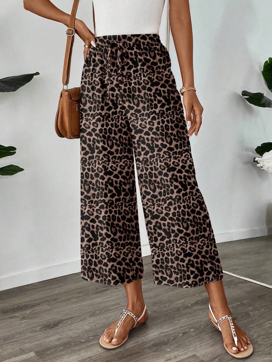 SHEIN LUNE 女装休闲时尚街头豹纹打结松紧腰宽松阔腿九分裤适合出门豹纹裤女阔腿裤夏季阔腿裤豹纹裤动物纹裤女豹纹阔腿裤女阔腿裤秋装冬装