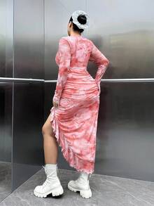 SHEIN EZwear Plus Size Women's Party Wear Party Wear Asymmetric Hem Slit Lotus Leaf Dress,Summer Dresses For Women,Fall,Winter,Country Concert Outfit,Rave,Casual,Tie-Dye,Night Out Outfit