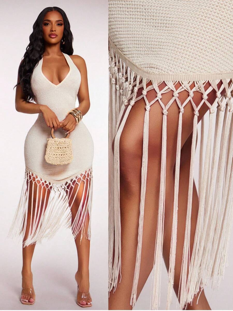 Radiana Women's Summer Boho Apricot Crochet Tasseled Hem Flowy Dress, Holiday/Beach Outfit White Fringe Dress Tassel Dress White Mesh Dress,Boho Clothes Women Crochet Cover Up Dress Summer Dress Fringe Cover Up Dress - Apricot - View 1