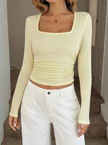 Easowa Rundhals-Tailliert Geraffter Kurzarm T-Shirt, strukturierter Jacquard-Stoff, blassgelbe Farbe, lässiger Urlaubs-Elegant Streetwear für Frauen