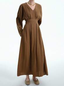 Aalyst Rochie maxi elegantă pentru femei, inspirată din stil vintage, cu talie încrețită și mânecă lungă, ținută sofisticată de birou/casual/petrecere, toamnă/iarnă - Cafea - Vizualizare 3