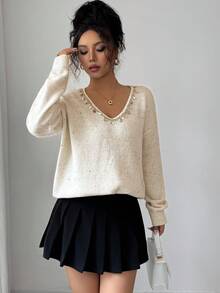 Rafferiza Suéter suelto y vintage con cuello en V y lentejuelas, estilo europeo y americano para otoño e invierno, elegante, de moda, casual, para ir a la oficina, diario, de ocio, todo a juego, urbano, atuendo profesional de maestro - Beis - View 8