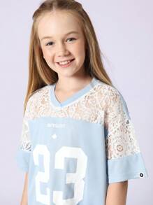 SUMWON Lace Panel Jersey T-Shirt Dress Number 23 Sports Style Varsity Loose Fit Casual Spring Summer Daily Wear Youth Fashion Comfortable Streetwear - Multicolor - View 4