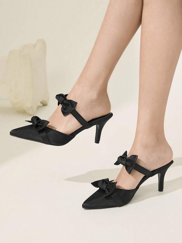 CUCCOO CHICEST 女性用 尖った つま先 リボン付き スティレット ハイヒール エレガントで甘いロマンチックなファッション ブラックサテン レディース ハイヒール、ミュール、ドレスシューズ、午後のお茶会、デート、ファッションパーティー、フォーマルな機会、ハロウィン、誕生日、バレンタインデー、クリスマス向け