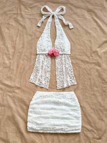 SHEIN x Eduarda Gutierrez Soleia 女士优雅白色花卉纹理针织露背系带褶饰迷你裙套装，适合节日、下午茶、婚礼、派对、海滩、春夏假期、游轮、音乐节、波西米亚风度假 - 白色 - 查看 6